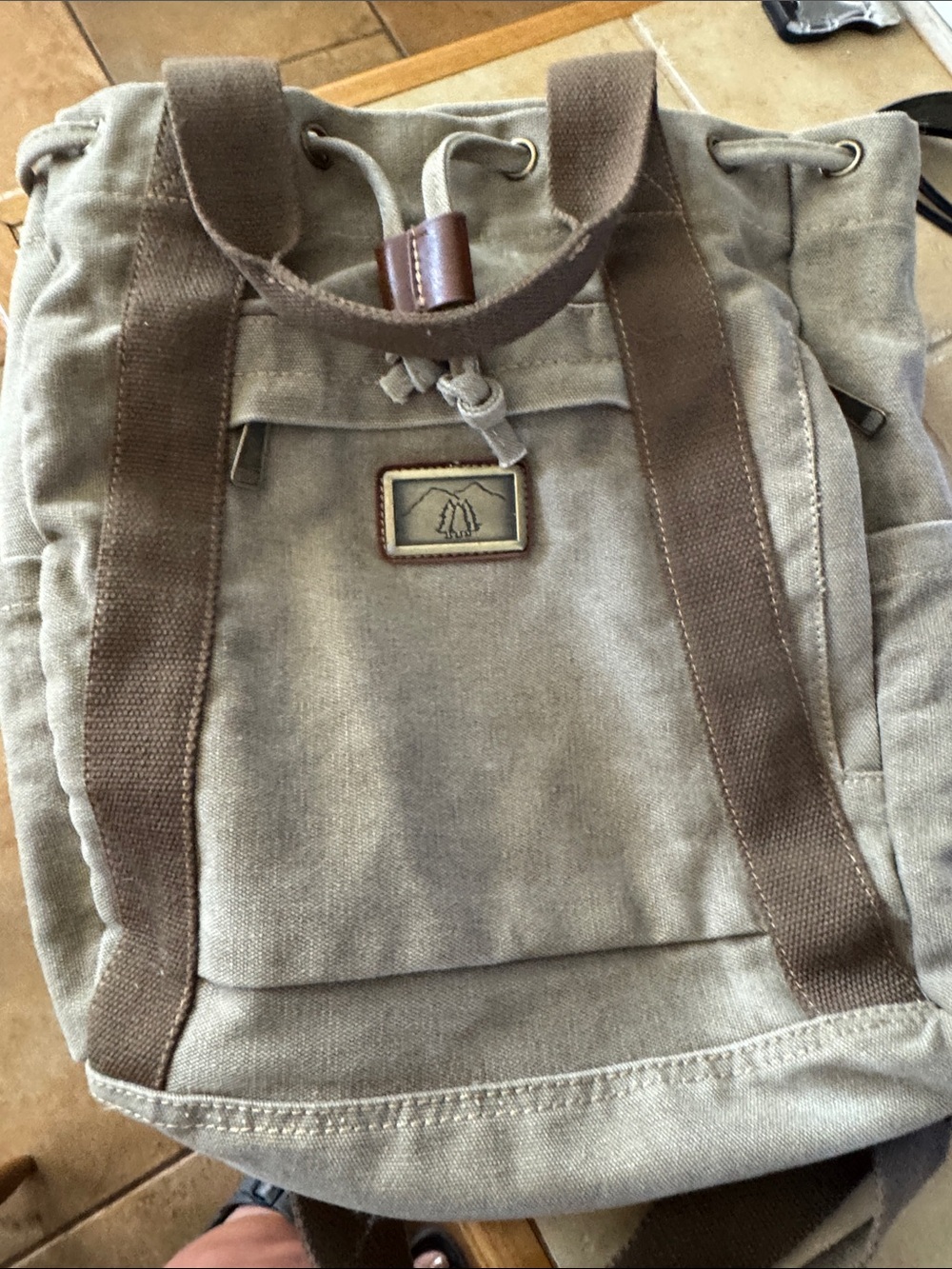 Canvas Drawstring Backpack in Tan with Brown Accents